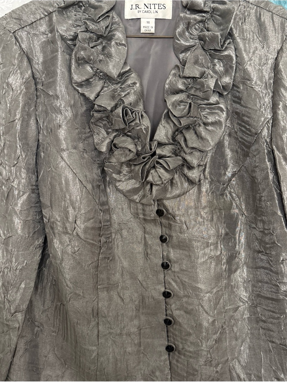 JR Nites by Carol Lin Metallic Gray Ruffle Evening Jacket Blazer Size 14